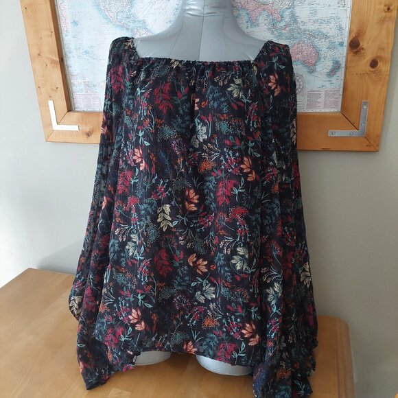 Penningtons Tops - Pennington's Black w/Floral Square-Neck Blouse with Balloon Sleeves Plus Size 4X